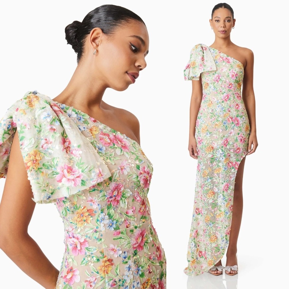 Elliatt NEW Starla Hilo Beige Multi Sequin One-Shoulder Bow Detail Gown Size XL